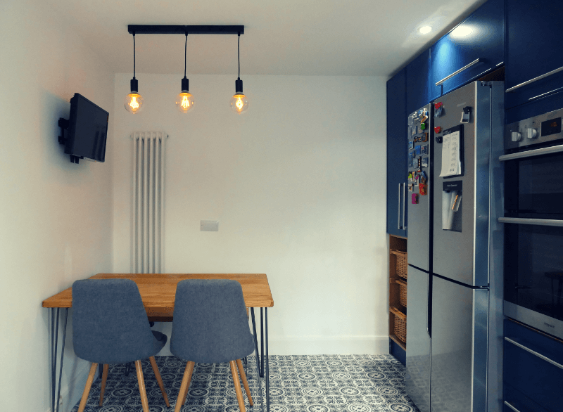 One of our recent jobs. A blue, modern kitchen. A calm, fun space for downtime.